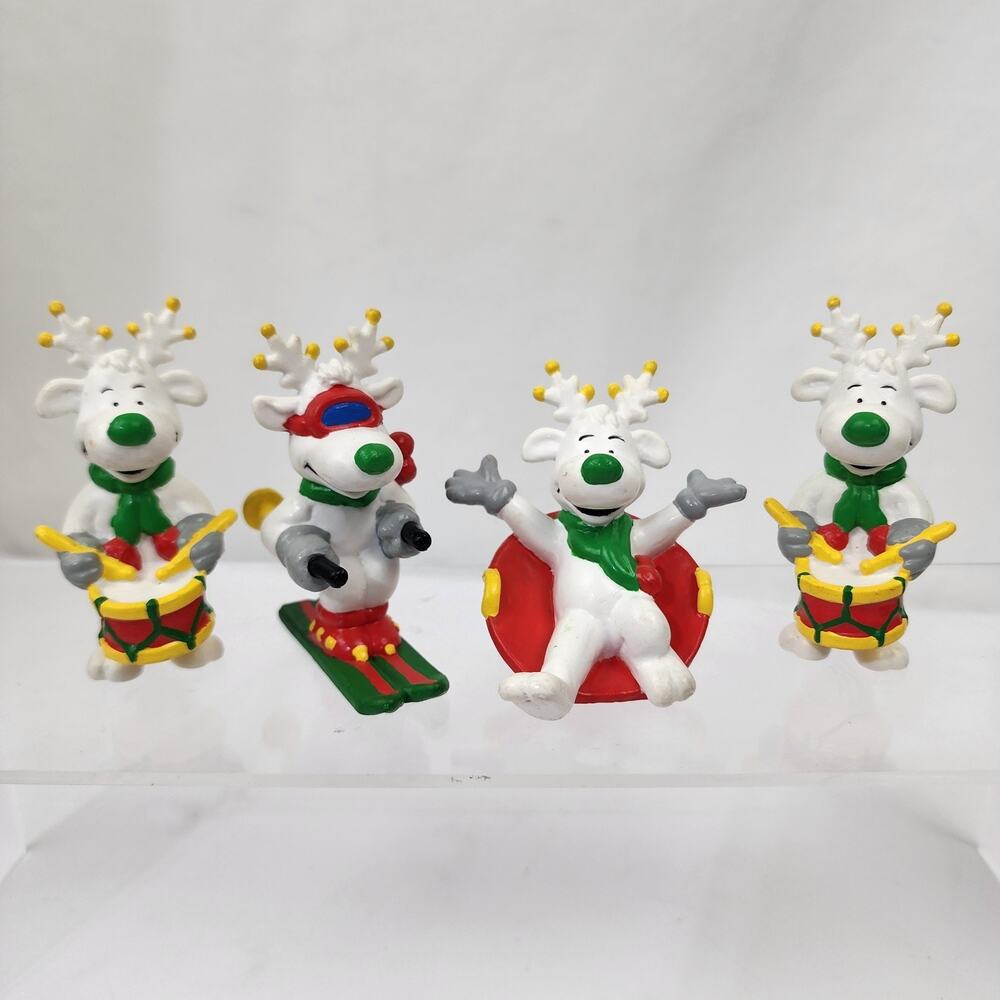 Lot 4 Applause Christmas 3" Smiling White Reindeer Skiing Sledding Drumming PVC
